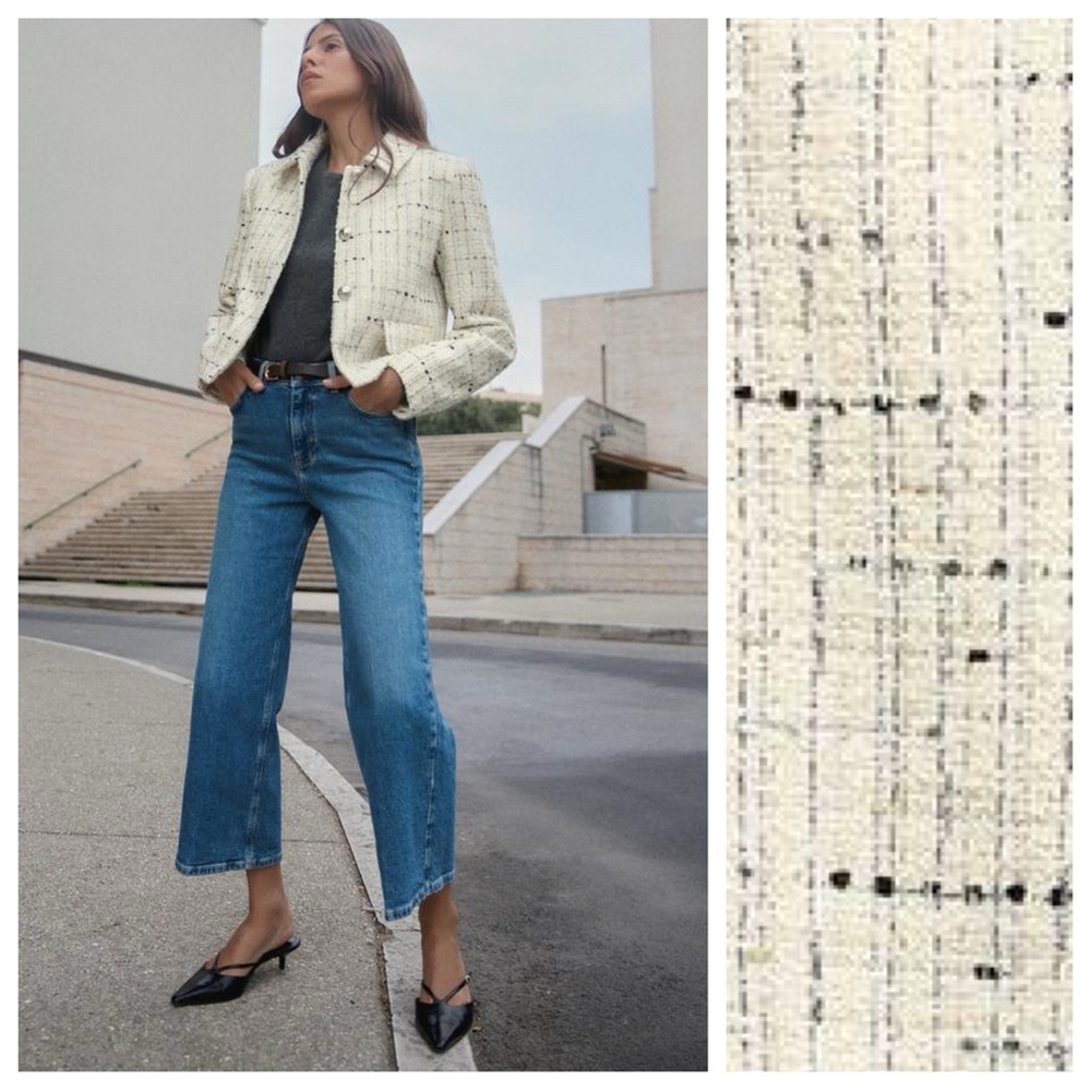 NWT. Zara Ecru Textured Cropped Blazer. Size M.